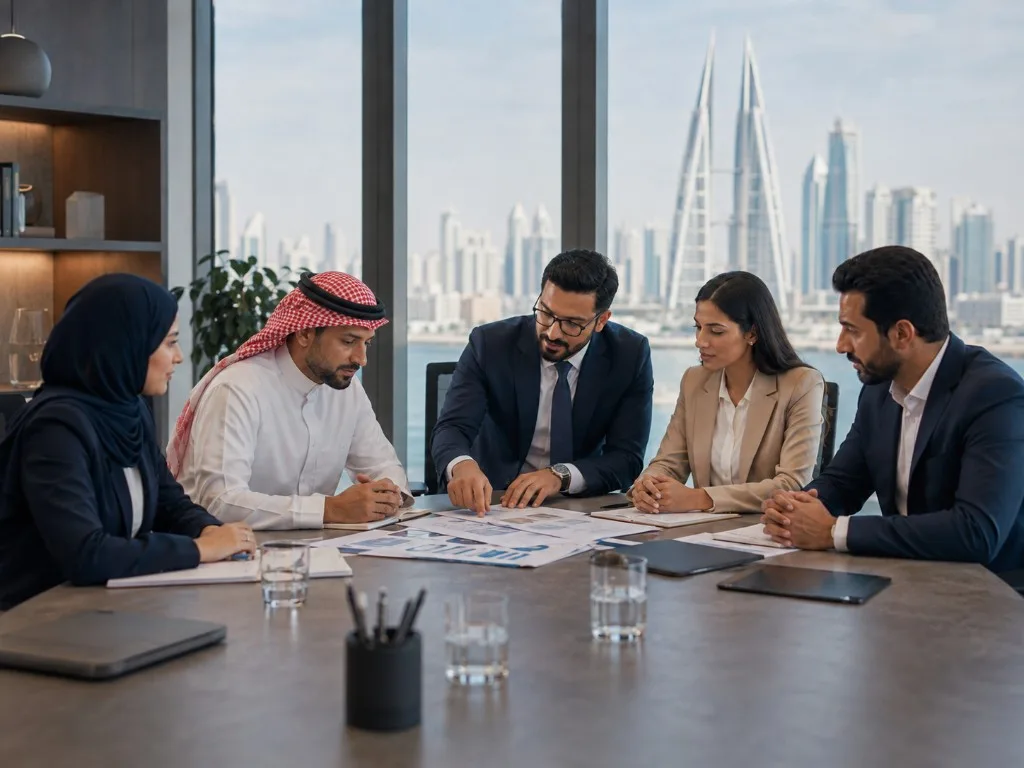 A Zoom team reviewing documents around a conference table in Bahrain