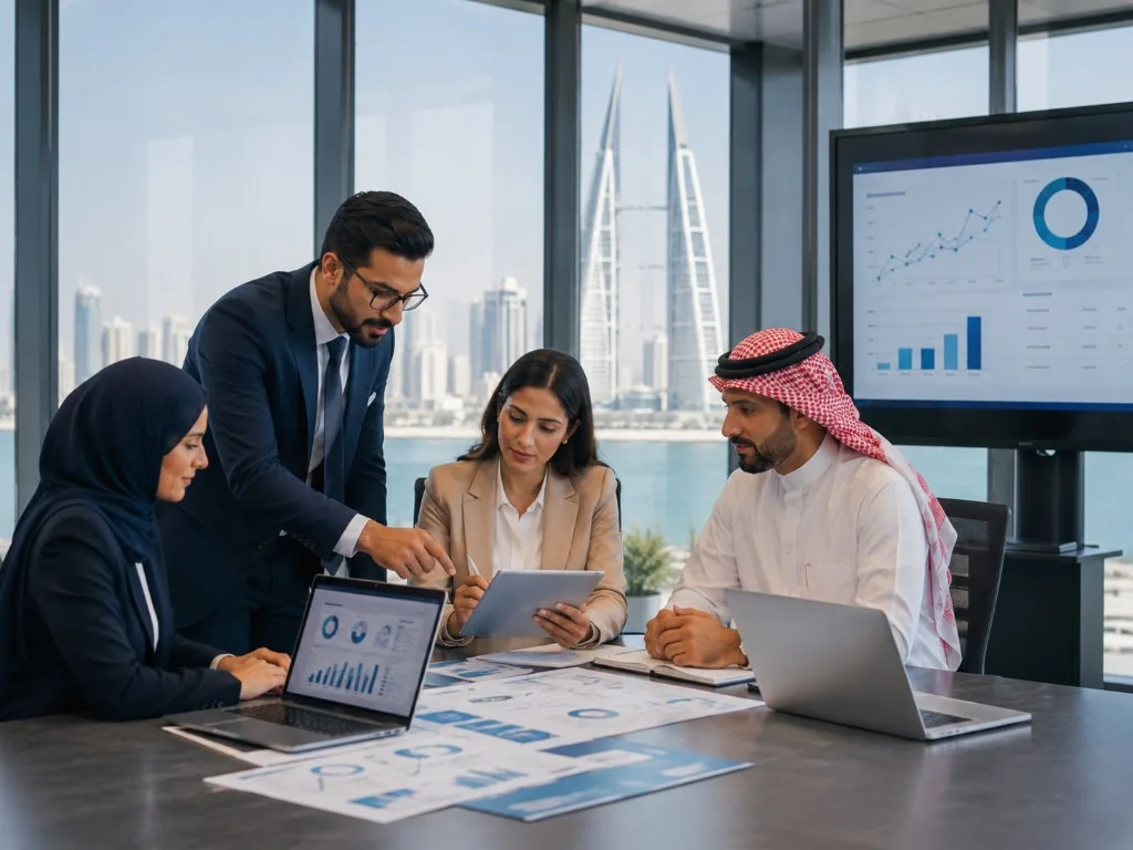A team reviewing charts and digital tools in a Bahrain office