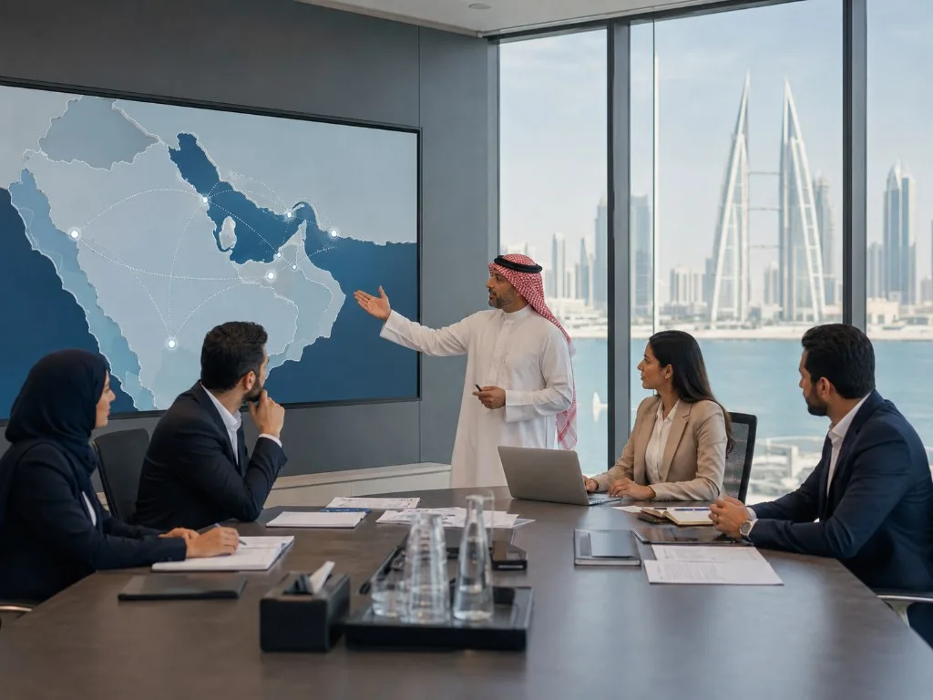 A GCC regional map briefing in a Manama boardroom overlooking the Bahrain World Trade Center