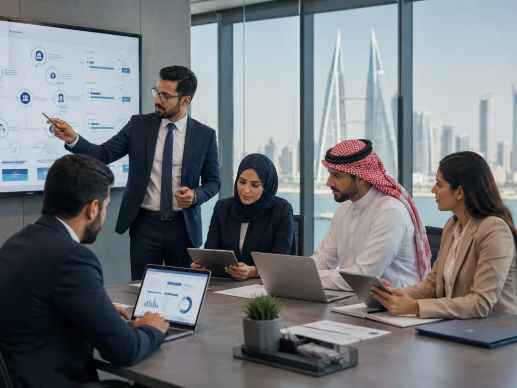 Colleagues reviewing process diagrams on a boardroom screen in Manama
