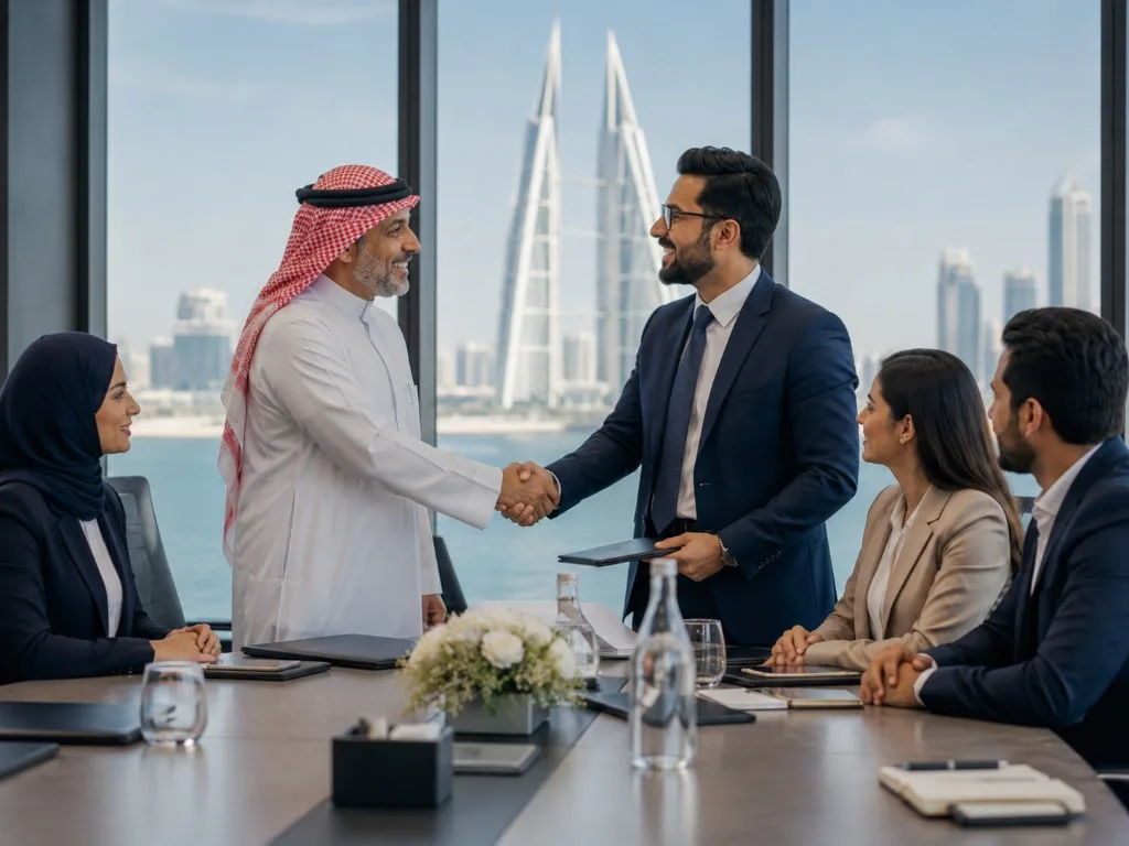 A handshake across a meeting table with the Manama skyline behind
