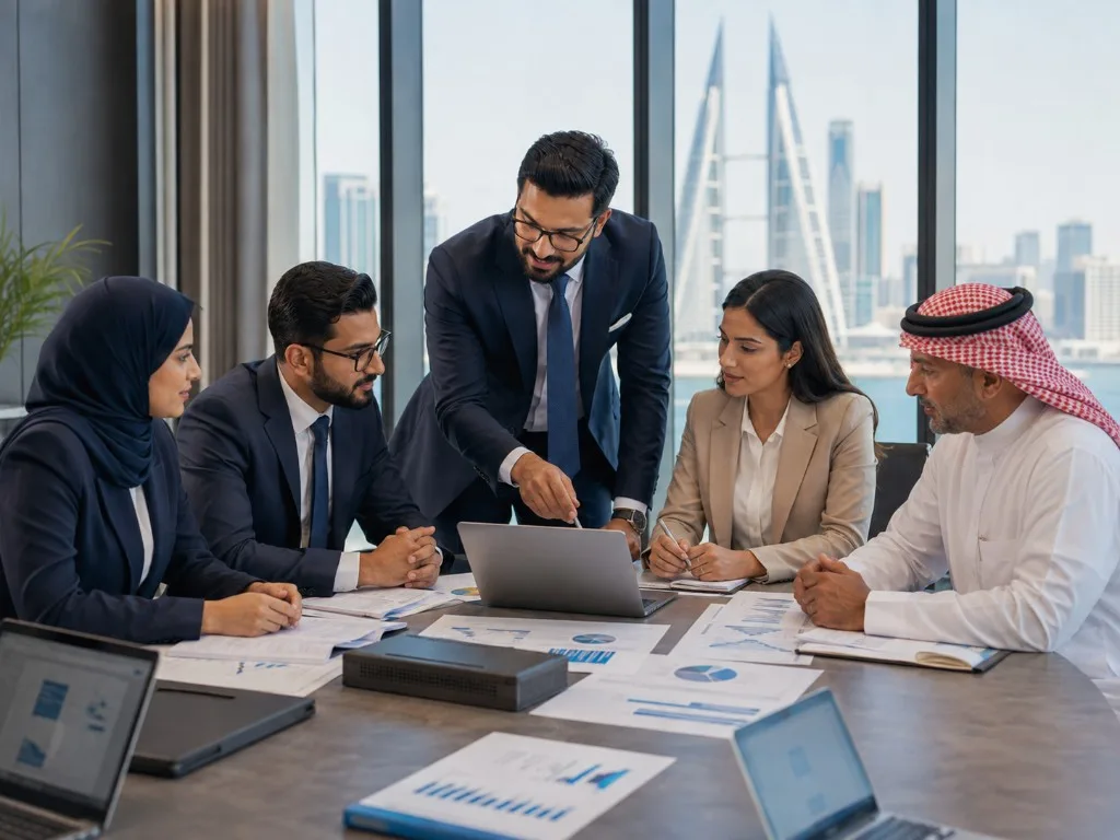 Colleagues working through a brief together in a Manama office
