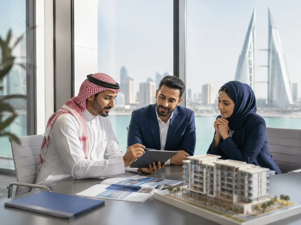 Real Estate premises discussion over a building model in Manama