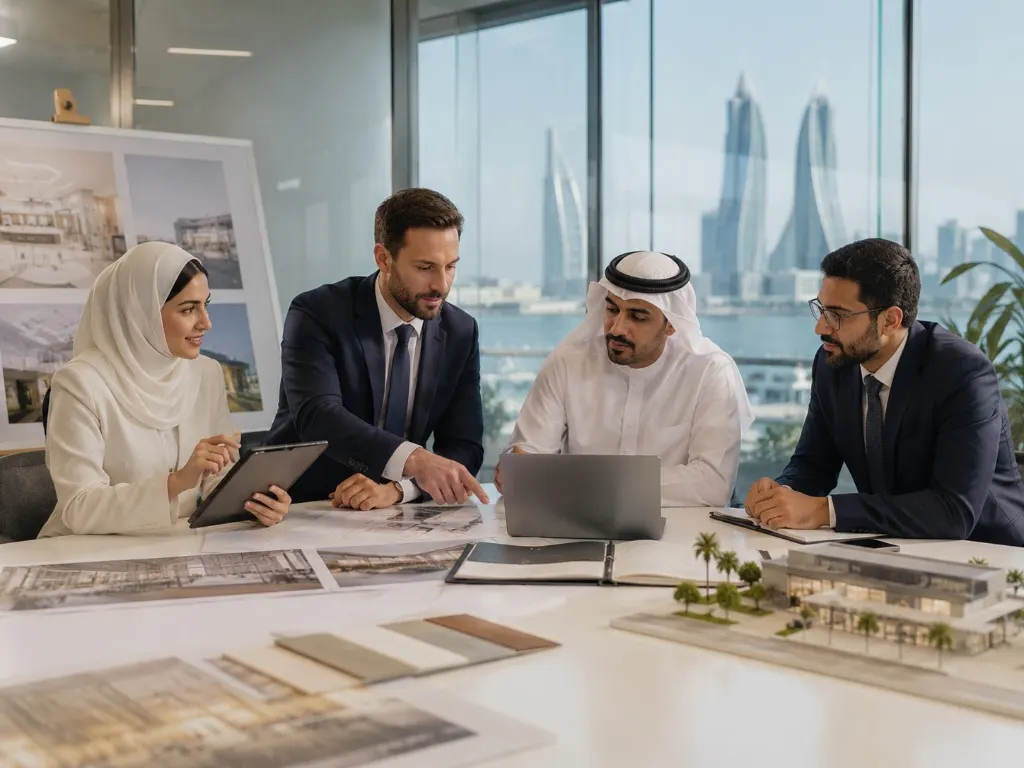 Retail market-entry briefing over plans and a store model in Manama