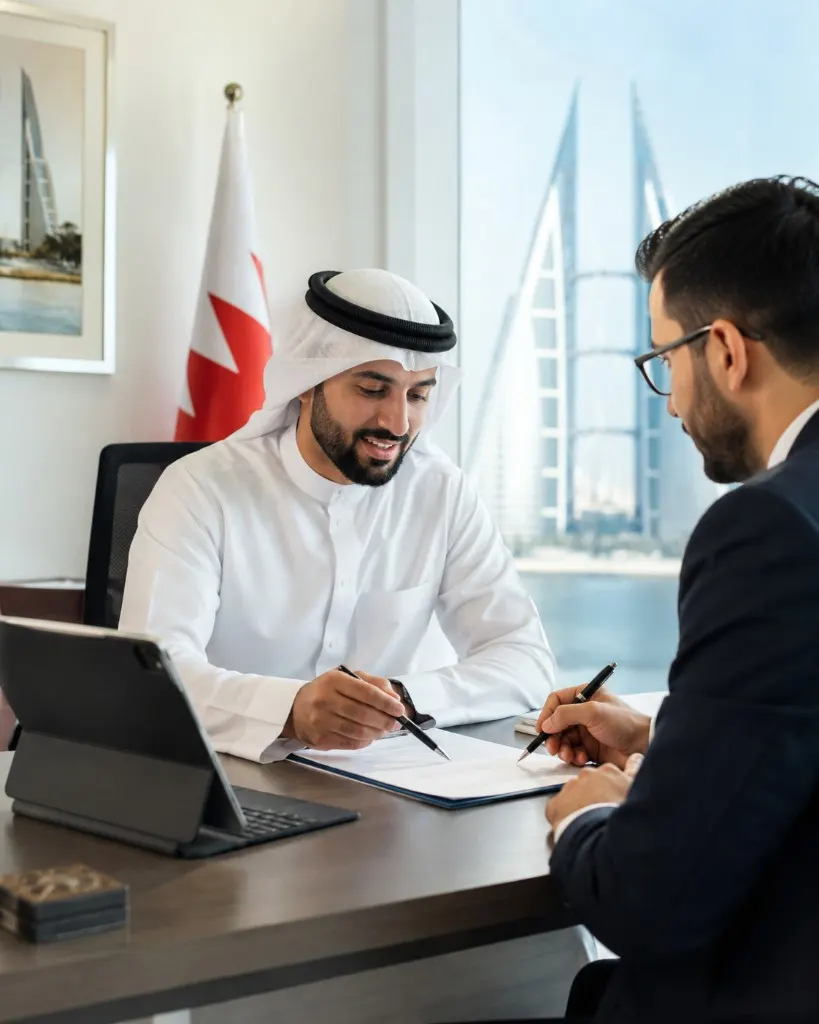 Company formation documents being signed in a Manama office