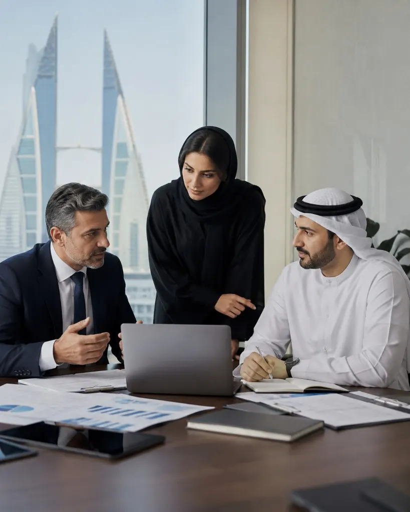 Governance discussion over charts and a laptop in Manama
