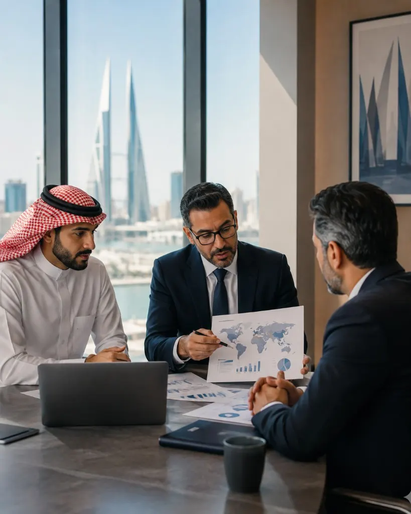 Market-entry briefing over a world map in a Manama office