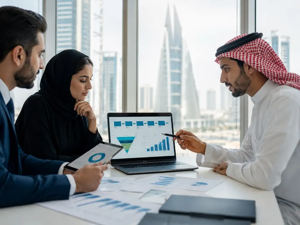 Commercial-decision briefing over analytics in a Manama office