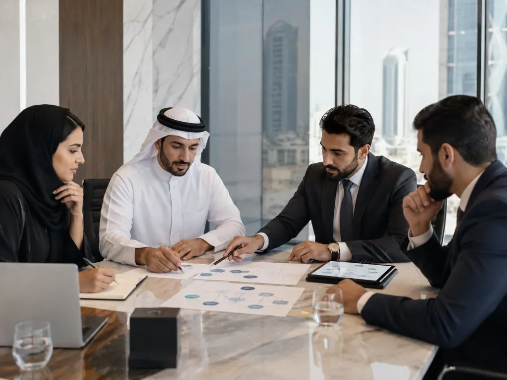 Business-process diagrams reviewed around a Manama conference table