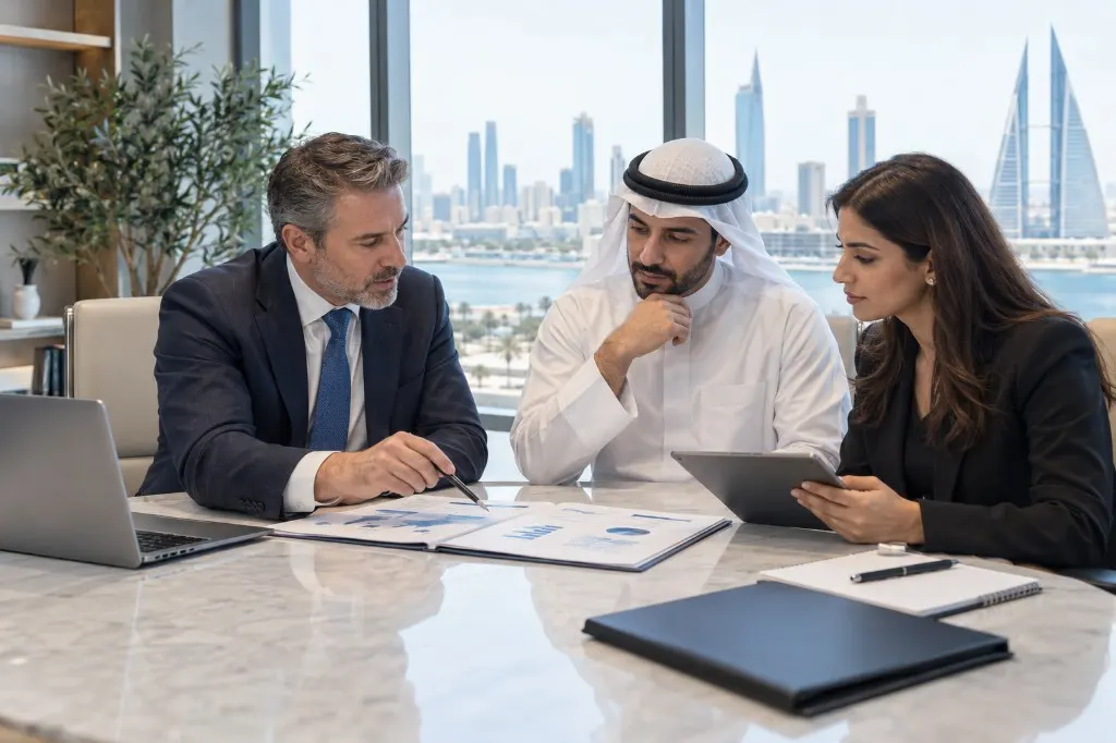 Market-research briefing over charts in a Manama office overlooking the waterfront