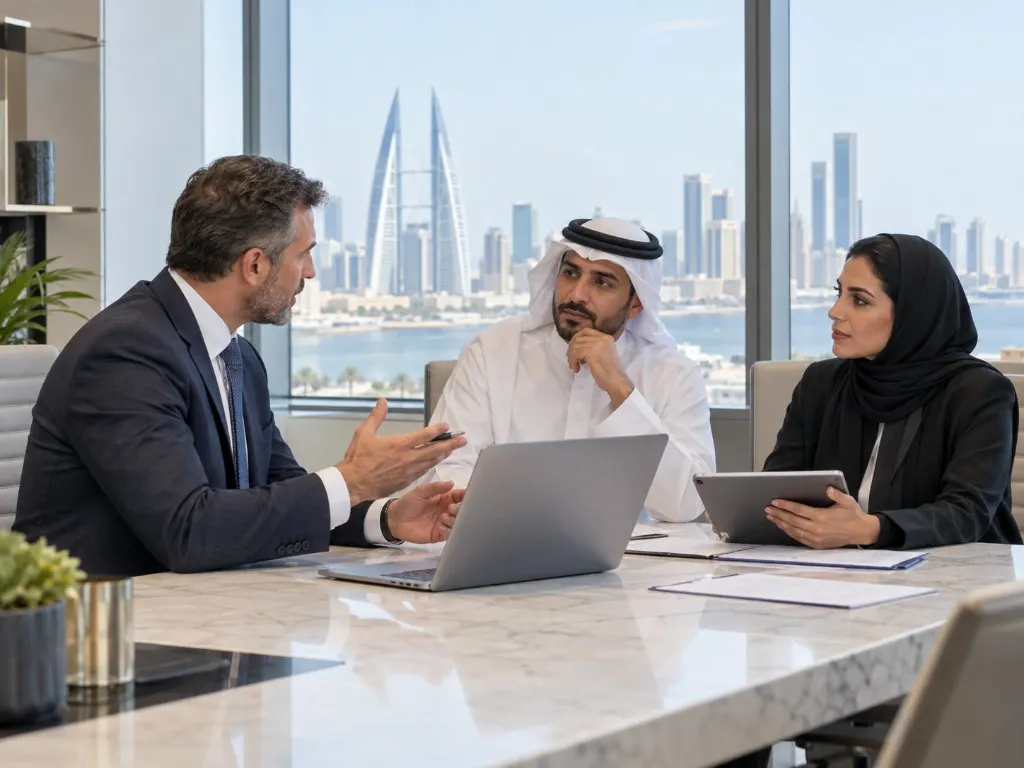 Sales-approach briefing in a Manama office overlooking the waterfront