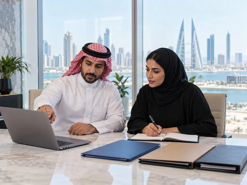 Pipeline review over a laptop in a Manama office