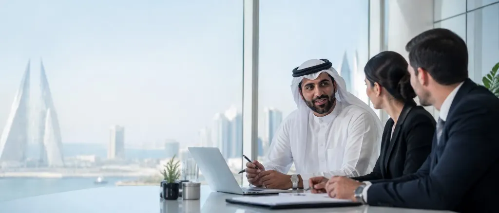 Consultancy meeting in a Manama office overlooking the waterfront
