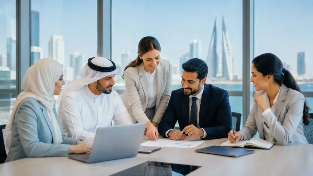 A Zoom team reviewing the work in front of them in a Bahrain office