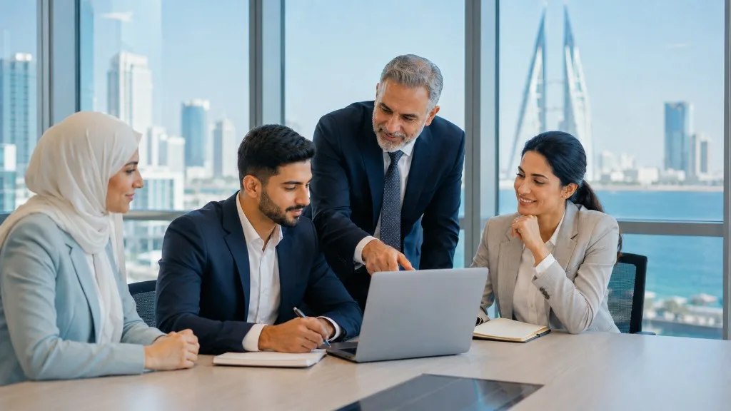 An experienced colleague guiding a Zoom team through a brief in a Manama office
