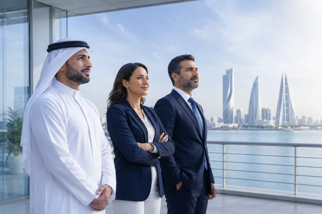 Zoom colleagues looking out over Manama and the Bahrain World Trade Center