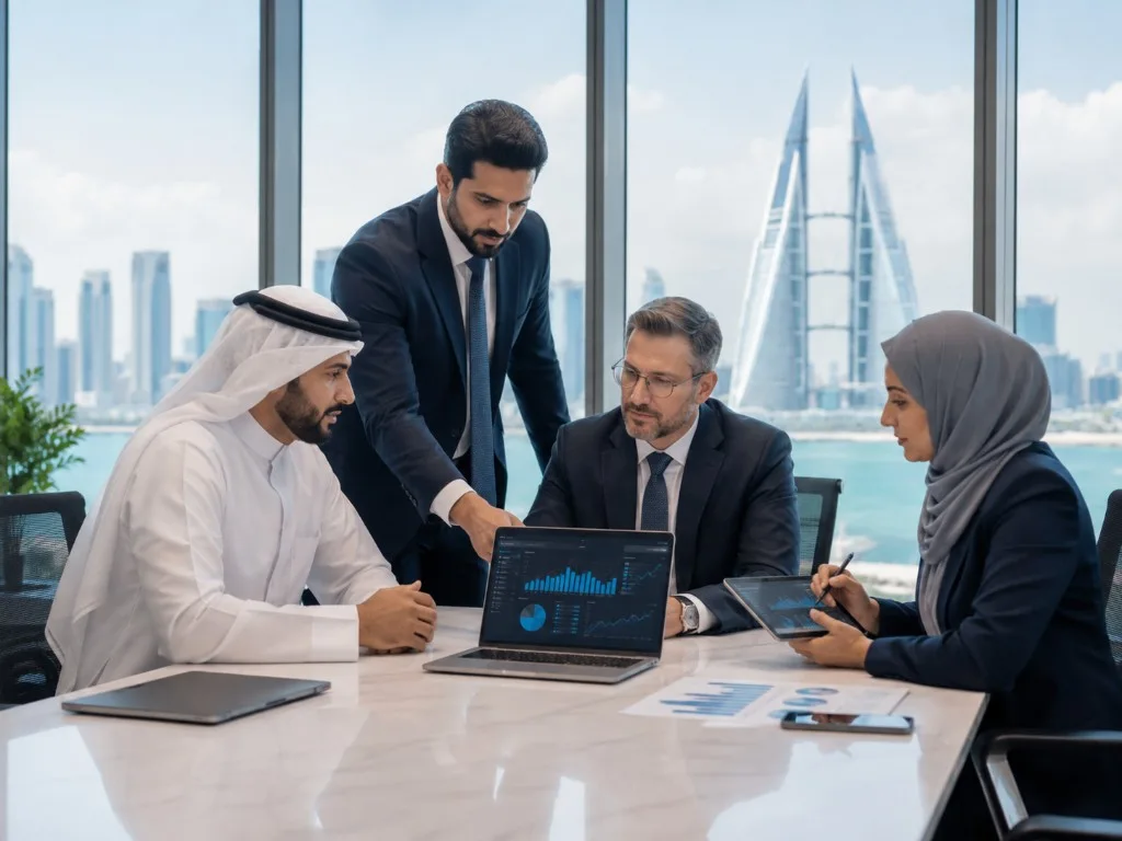Colleagues reviewing digital dashboards in an office overlooking the Bahrain World Trade Center