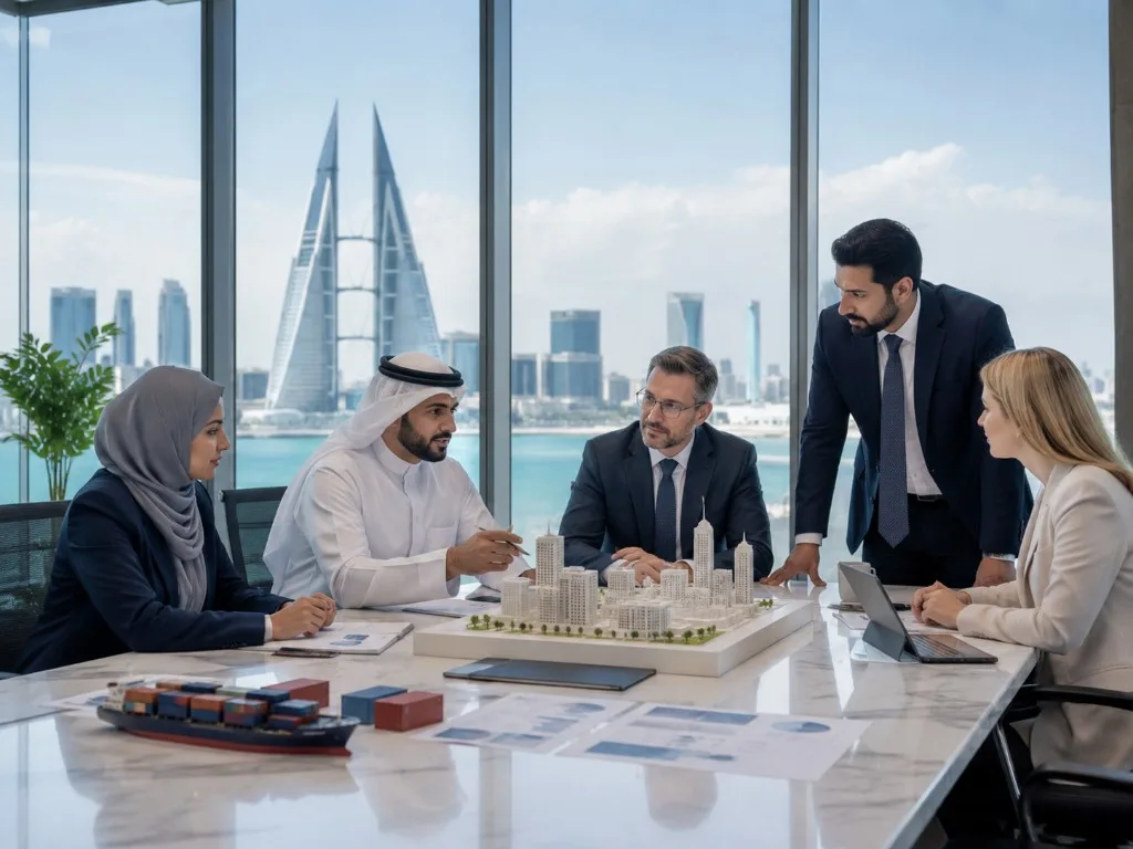 A Zoom team reviewing property and logistics models in a Manama office
