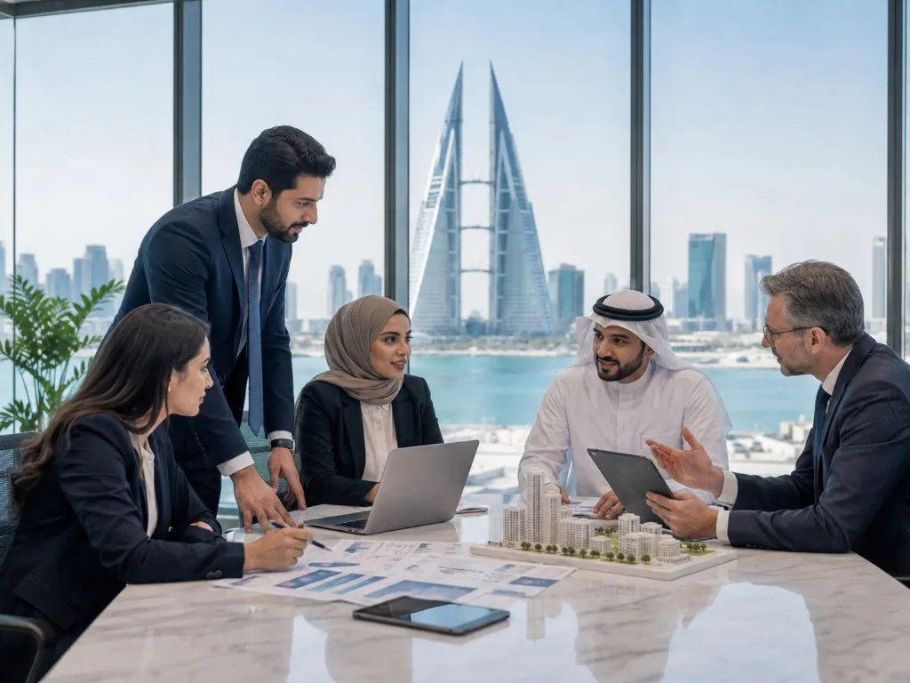 A team discussing a development project around a table in Bahrain