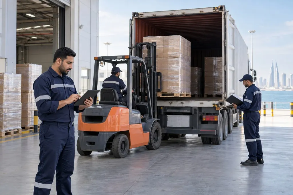 Freight forwarding as pallets are loaded onto a truck in Bahrain