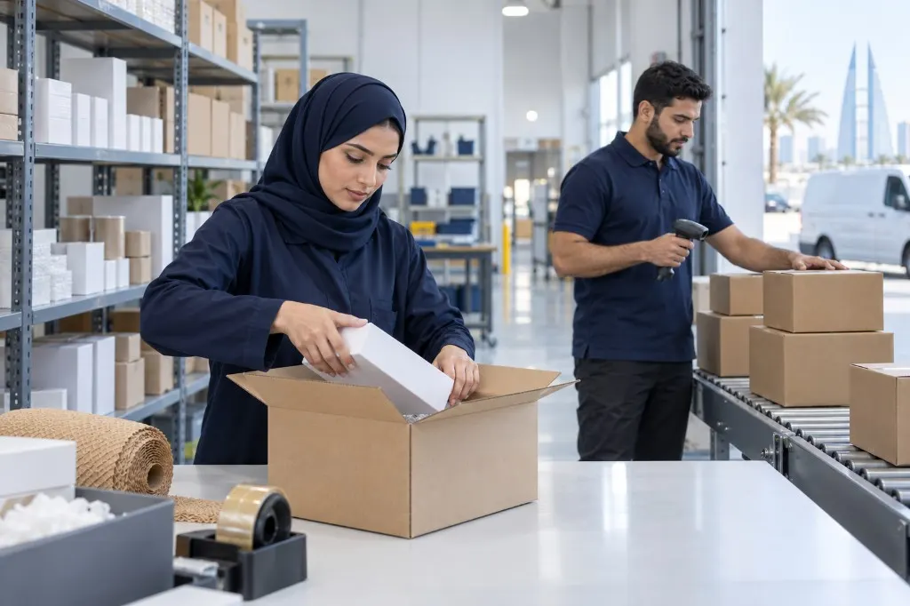E-commerce fulfilment packing and scanning in a Bahrain warehouse