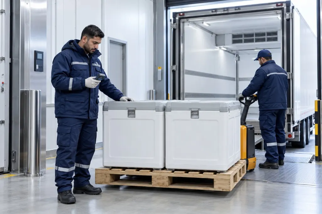 Temperature-controlled cargo loaded into a refrigerated truck