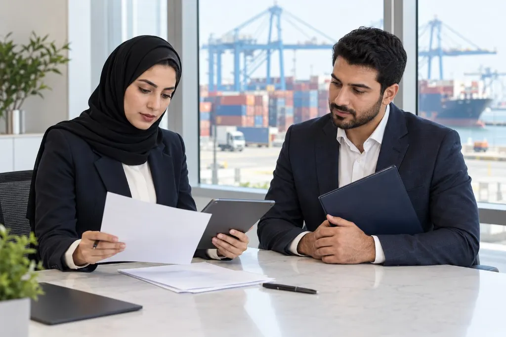 Import and export documents reviewed in a Manama office overlooking the port