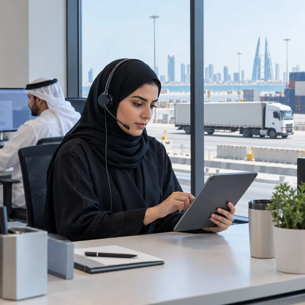 Shipment enquiry taken in a Manama office overlooking the port