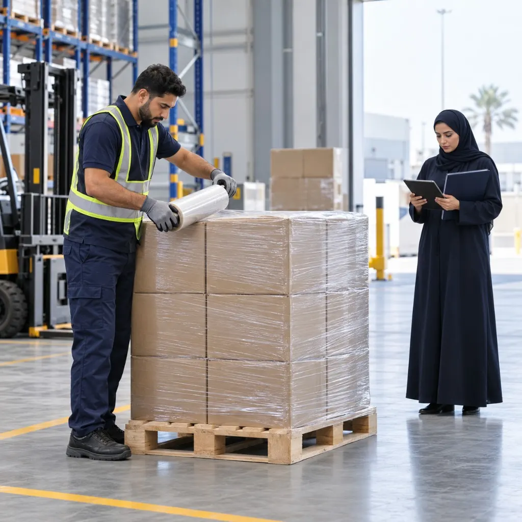Shipment preparation as cargo is wrapped in a Bahrain warehouse