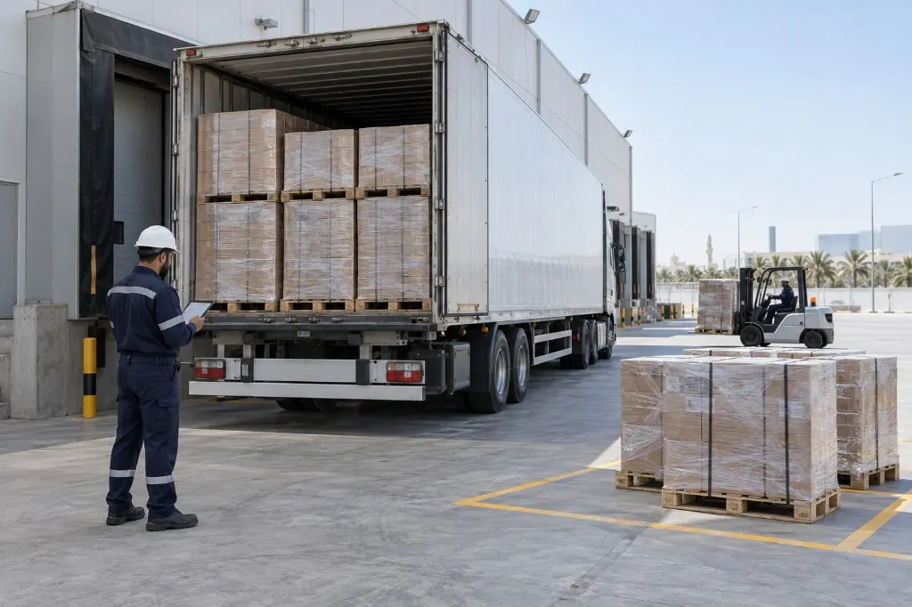 Full and partial truckload being prepared at a Bahrain loading dock