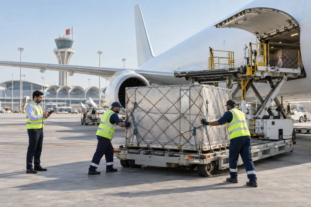 Air-freight cargo being loaded onto an aircraft in Bahrain