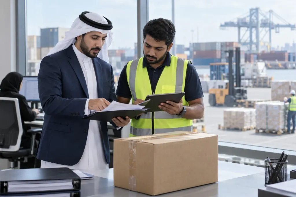 Customs-clearance documents reviewed overlooking a Bahrain port
