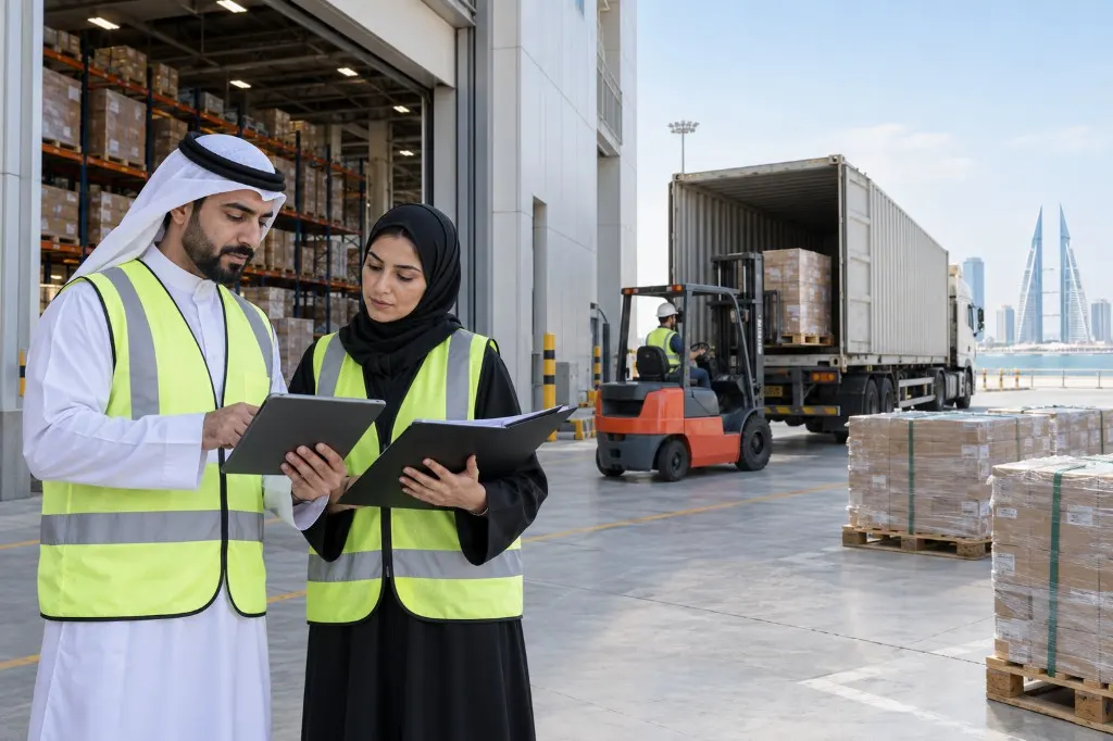 Freight-forwarding briefing at a Bahrain loading dock