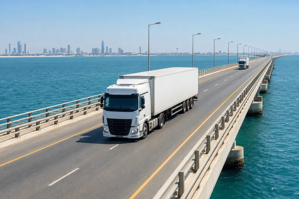 GCC land-freight truck crossing a Bahrain causeway