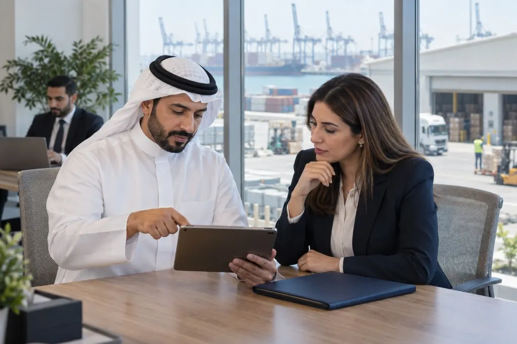 Freight instruction reviewed in a Manama office overlooking the port