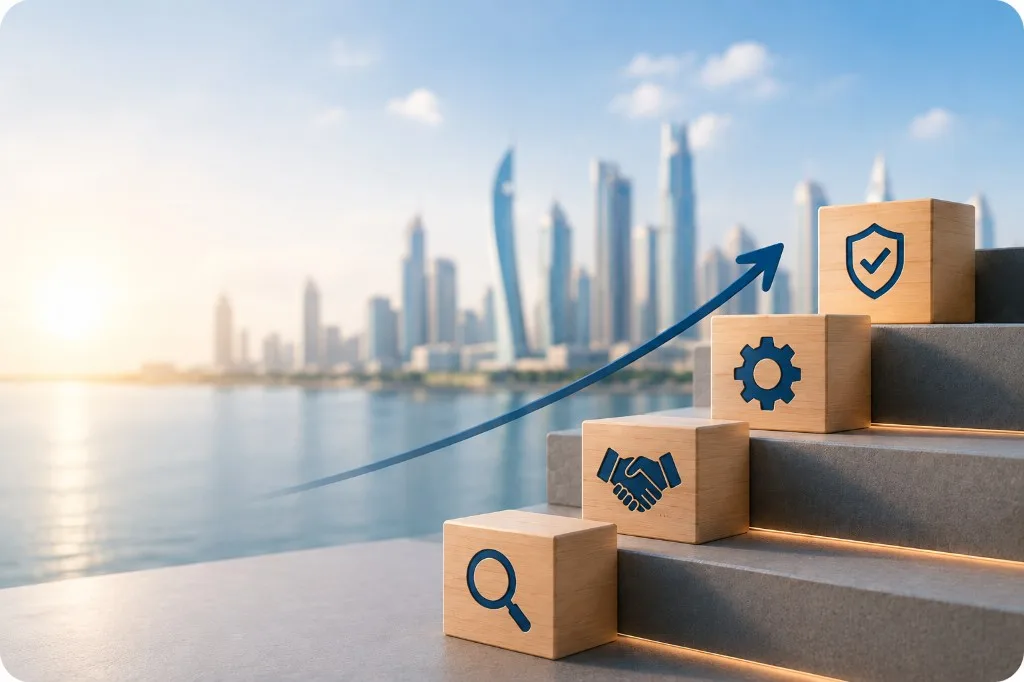 Steps marked understand, partner, deliver and stay accountable — Taking You a Step Further