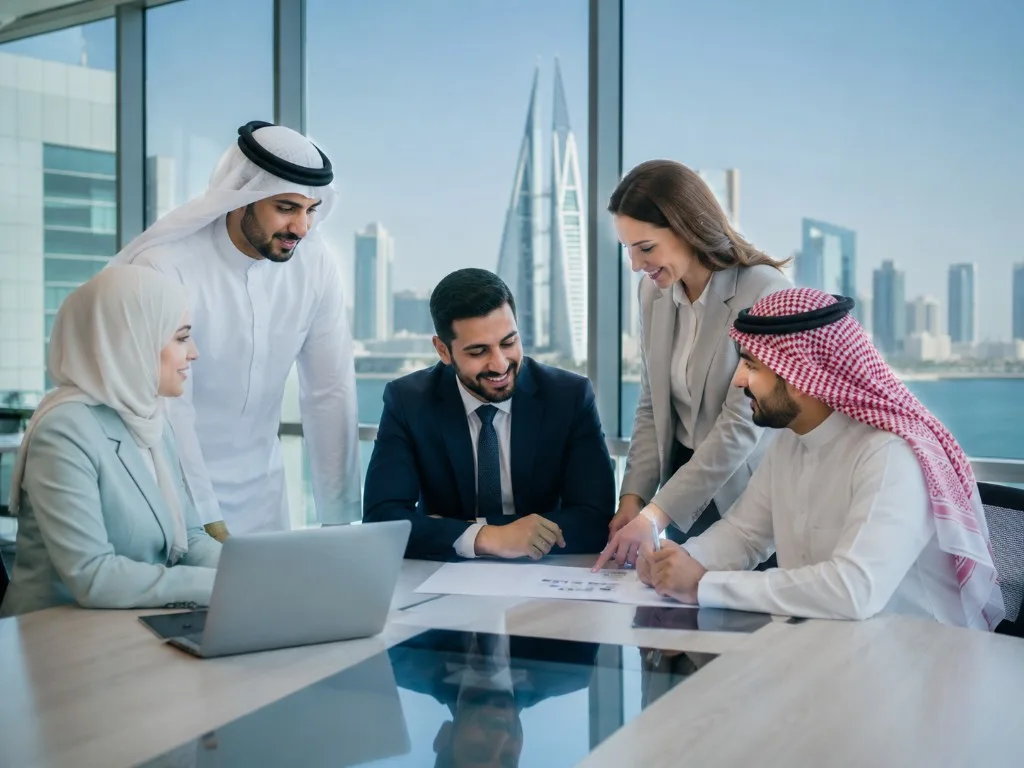 Zoom colleagues in a Manama meeting room overlooking the Bahrain World Trade Center