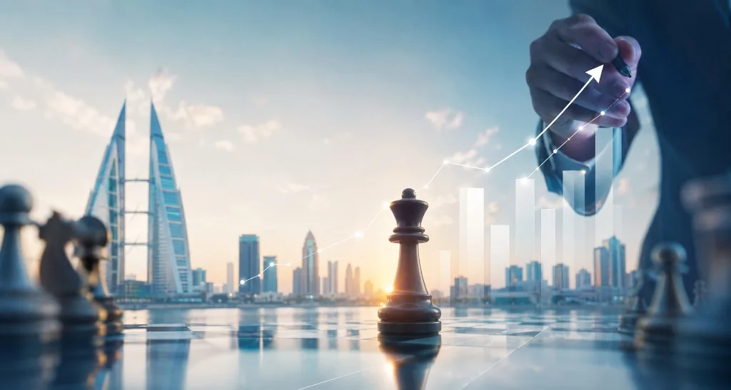 Chess pieces and a rising chart over the Manama waterfront and Bahrain World Trade Center