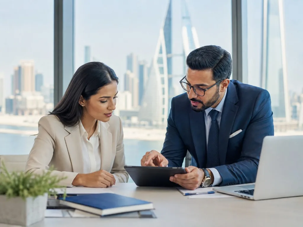 Colleagues reviewing a tablet together in an office overlooking the Bahrain World Trade Center