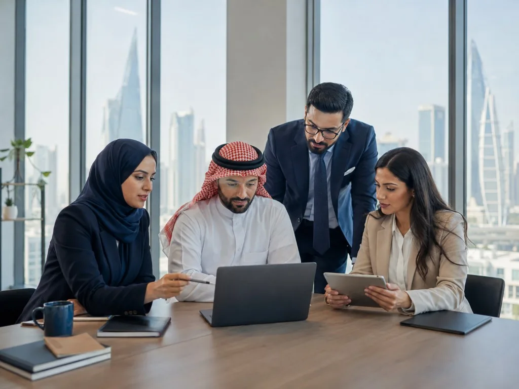 A Zoom team working through a brief on a laptop in a Bahrain office