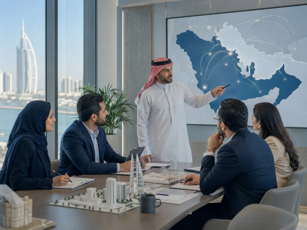 A presentation on a GCC regional map during a boardroom briefing