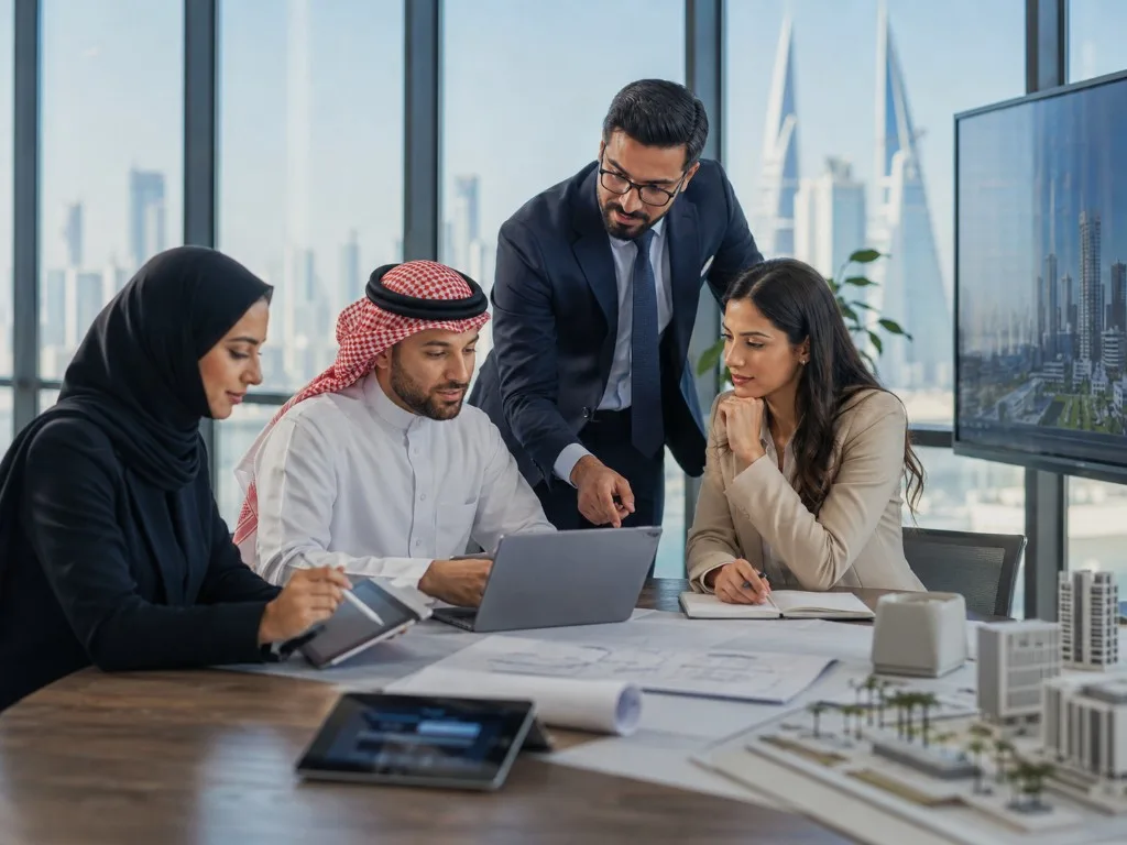 Colleagues reviewing development plans and models in a Bahrain office
