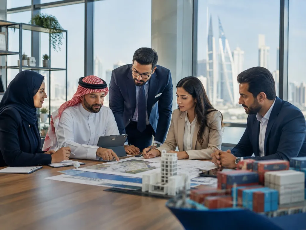 A Zoom team reviewing property plans and logistics models in a Manama office