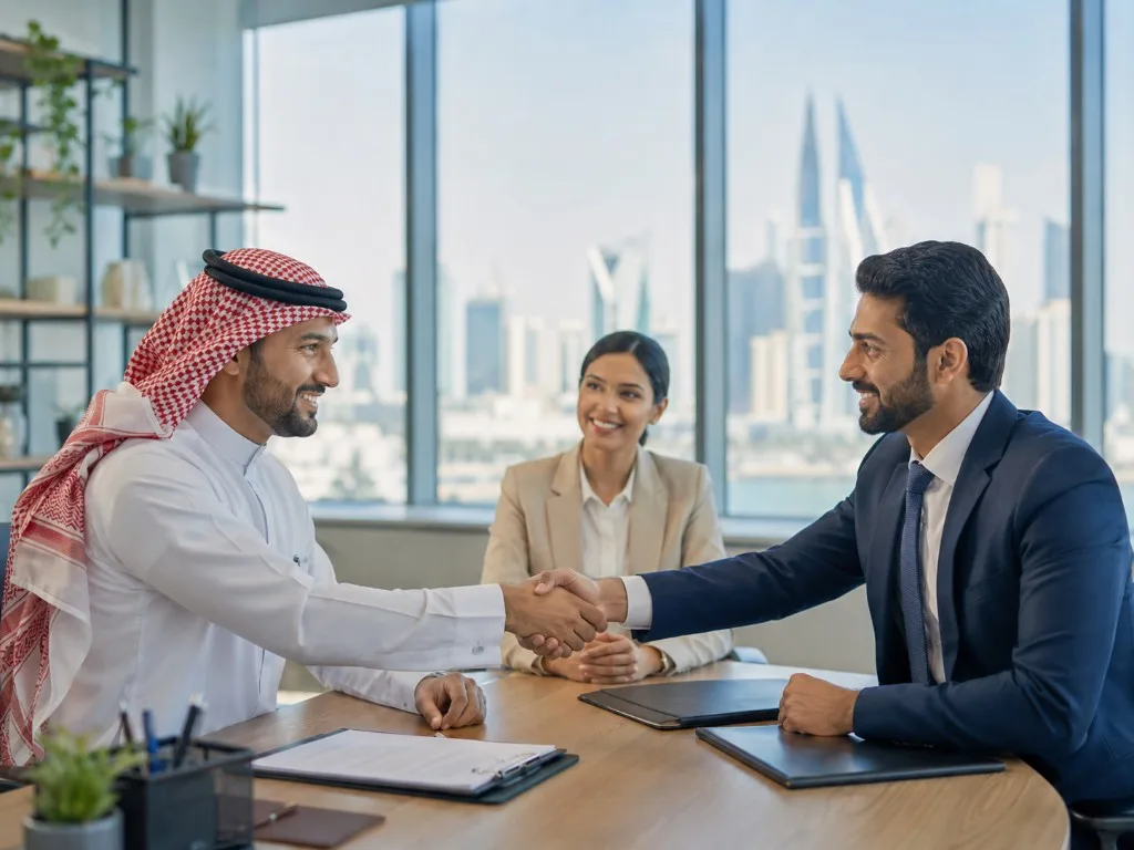 A handshake across a meeting table with the Manama skyline behind
