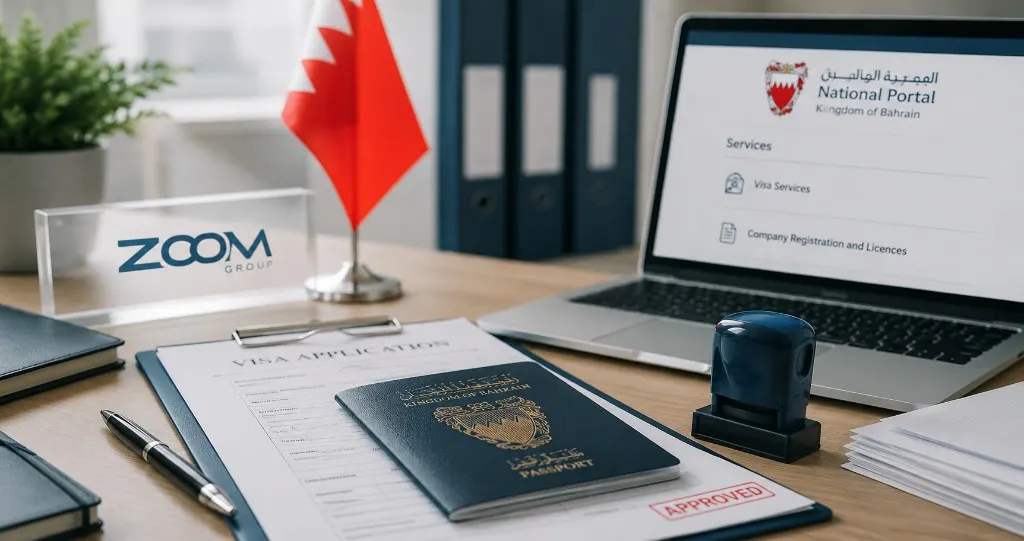 Visa and document-clearance file on a desk in Bahrain