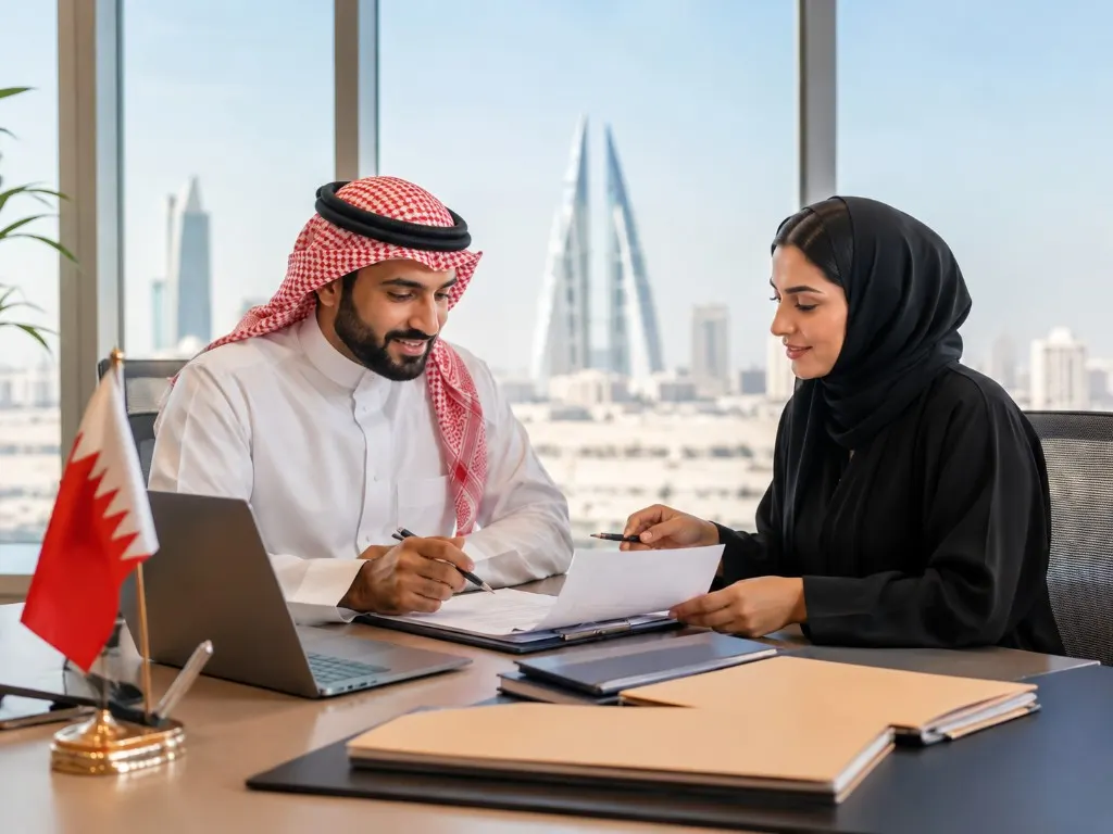 Company formation documents being reviewed in a Manama office