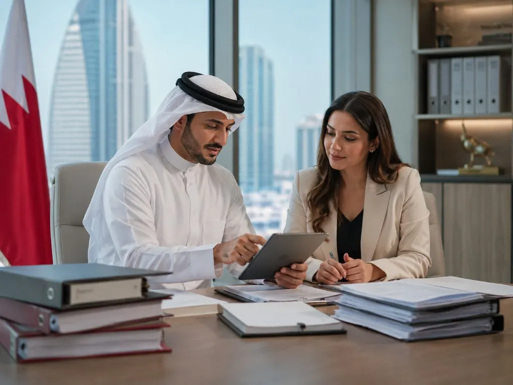 HR and payroll briefing over a tablet in a Manama office