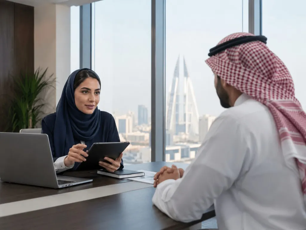 Recruitment meeting in a Manama office with the World Trade Center in view