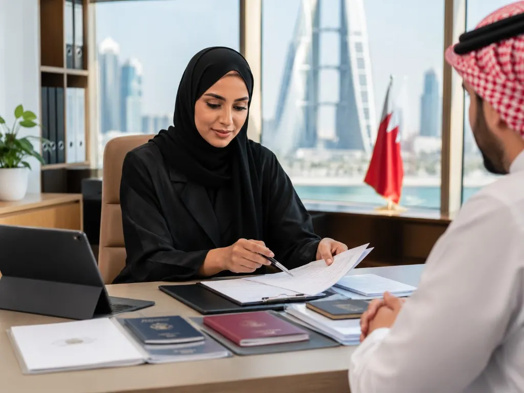 Work-permit and visa file review with passports in a Manama office