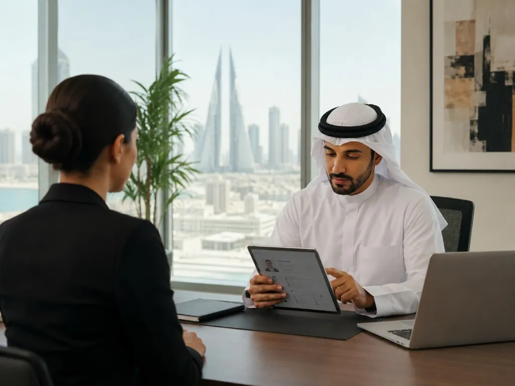 Recruitment meeting in a Manama office with the World Trade Center in view